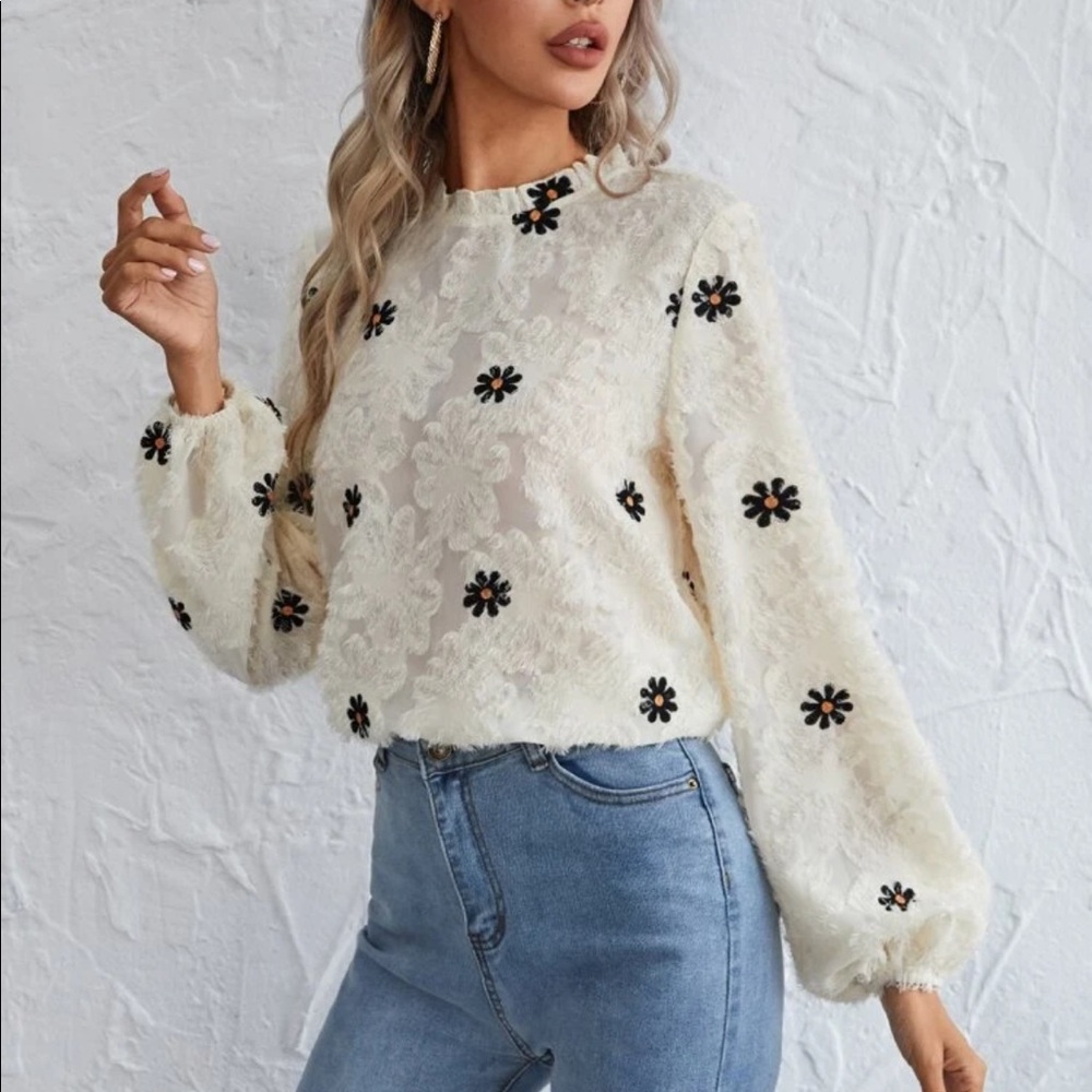 Boho fuzzy floral embroidered frill neckline long sleeve blouse - Picture 6 of 10